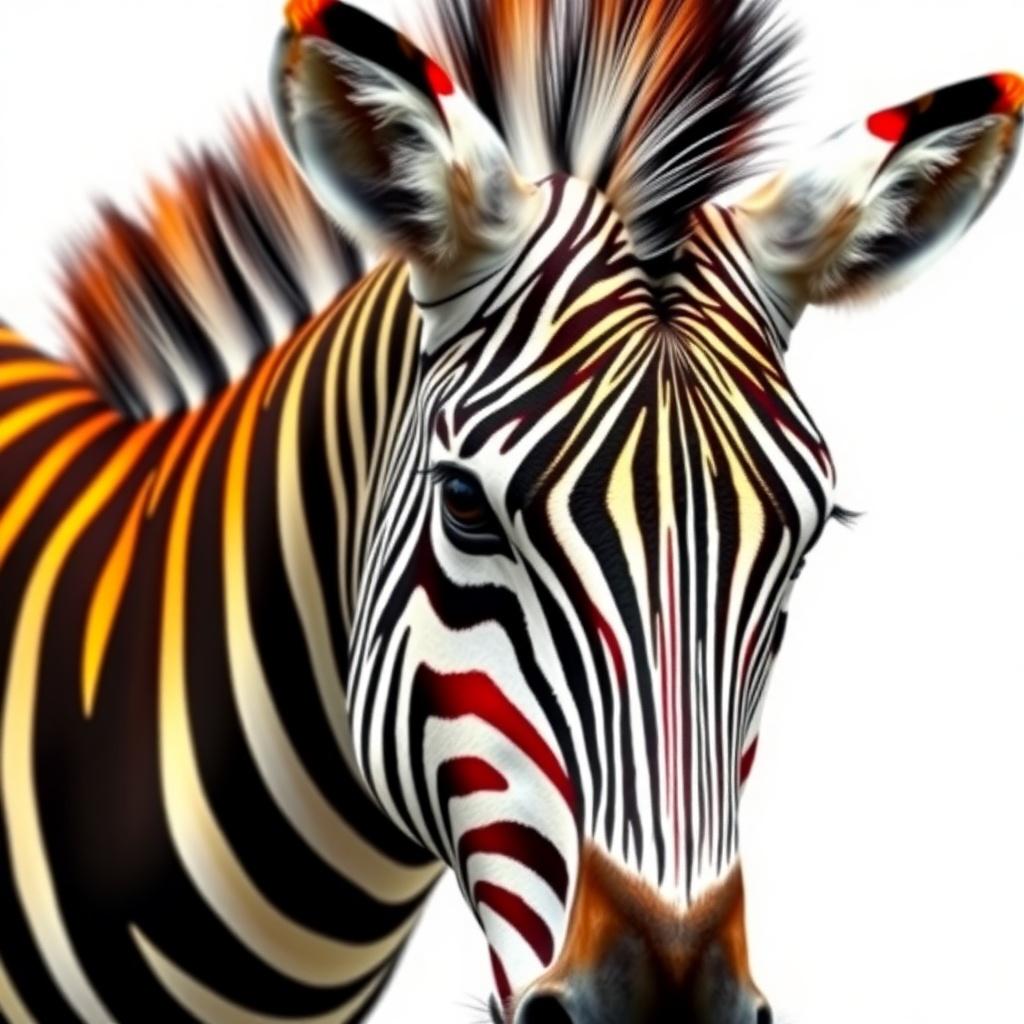 A digitally enhanced close-up image of a zebra with colorful, vibrant stripes of red, orange, yellow, and black on a white background, in an artistic and stylized representation.