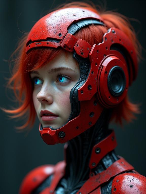 Young woman with short red hair wearing a red mechanical face mask. She has glowing blue eyes. Look to the left in a futuristic sci-fi setting. Dark background highlights mechanical features. Center frame with visible face and upper body. Photorealistic style focusing on mechanical details. Dramatic lighting casts shadows on the face emphasizing texture.