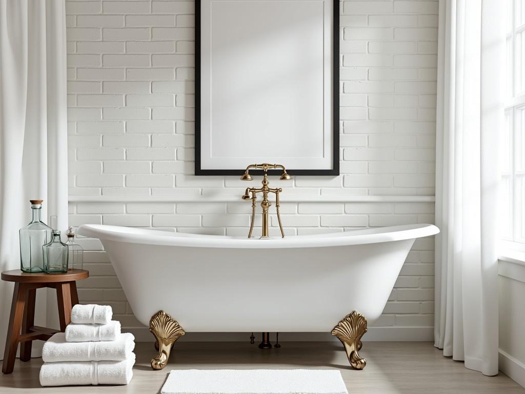 This is a beautifully designed bathroom featuring a classic clawfoot bathtub. The tub has a vintage brass faucet that gives it a timeless elegance. To the side, there's a small wooden stool holding glass containers and a couple of neatly arranged towels. A stack of fluffy white towels is placed on the floor next to the tub to create a cozy atmosphere. The wall behind the tub is made of white bricks, which adds texture and character to the space. A white shower curtain hangs to provide privacy. Above the tub, there is an empty black-framed picture that invites personalization. Overall, the room exudes a clean and relaxing vibe.