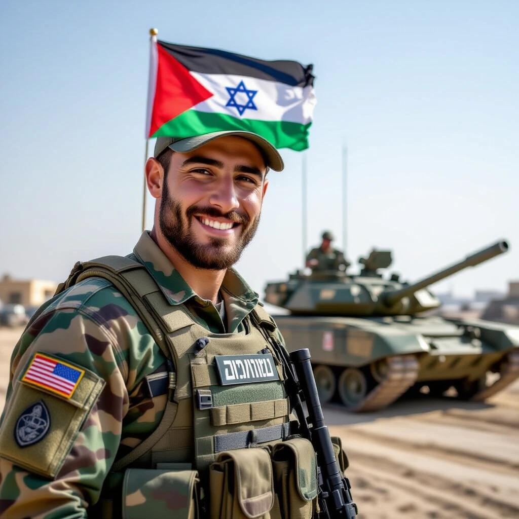 Israeli soldier stands in Gaza next to a military tank. Soldier wears military gear and holds a rifle while a flag flies behind. Background includes a tank.