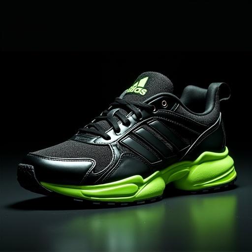 A front-side angle shot of an Adidas sneaker. Glossy black and vibrant green accents are visible. Cinematic moody lighting highlights the shoe’s contours and logo. Dramatic shadows enhance the detailed textures. The background is minimal and dark for a premium look.