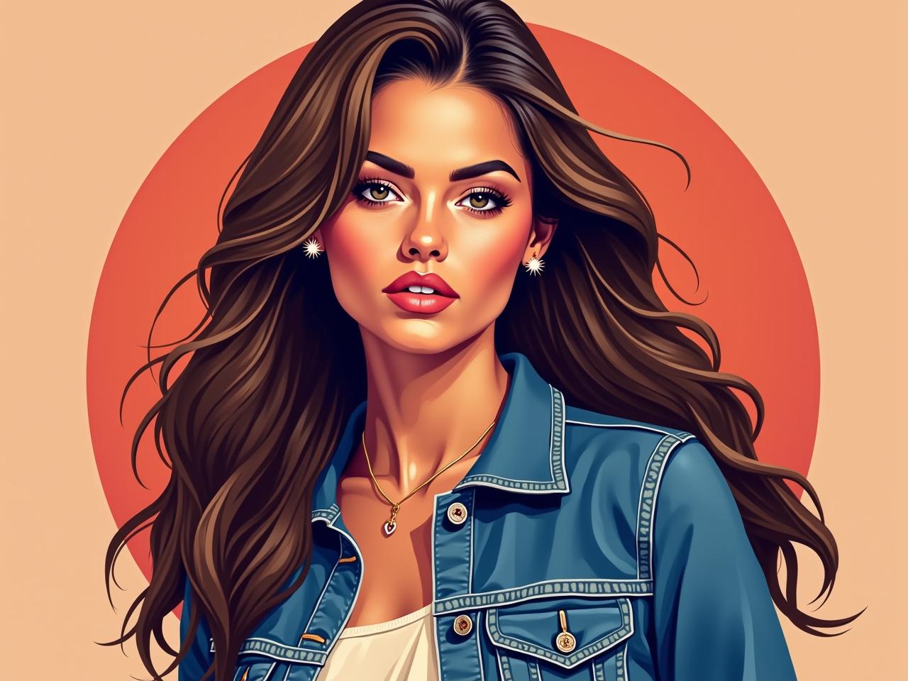 Create a vector art portrait of a woman in the WPAP style. She has long, wavy brown hair and is wearing a denim jacket. The background should be simple and minimalistic to highlight her features. Use bright colors and geometric shapes to capture the essence of the WPAP style. The woman's expression should convey a calm confidence, with subtle details in her accessories like earrings. Ensure that the overall composition is vibrant and eye-catching.