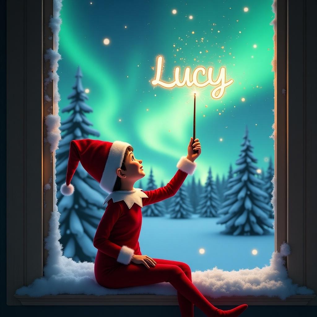 The image features an adorable elf on the shelf sitting on a window ledge. The elf, with his back turned to the viewer, uses a magical wand to create twinkling sparks. He gazes up at the stunning display of northern lights above. The background showcases a winter wonderland filled with snow-covered pine trees. Dressed in a vibrant red outfit with fluffy white trim, the elf truly embodies the spirit of Christmas. The enchanting colors of the aurora borealis illuminate the scene, enhancing the magical ambiance. He is writing the name 'Lucy' in the sky, adding a personal touch to the festive atmosphere.