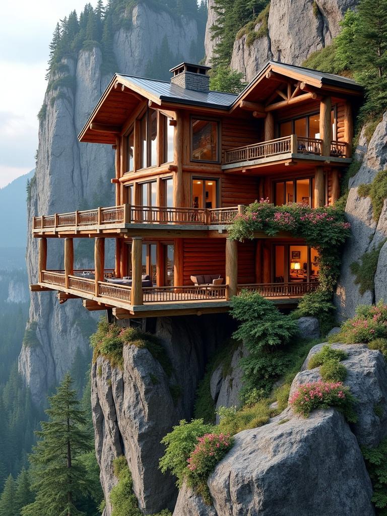 Cliff-side retreat on rugged mountain a blend of cherry wood and spruce wood with blooming cherry blossoms and lush greenery. Large windows offering spectacular landscape views. Grand entrance with cherry wood pillars leading to an open-air balcony.