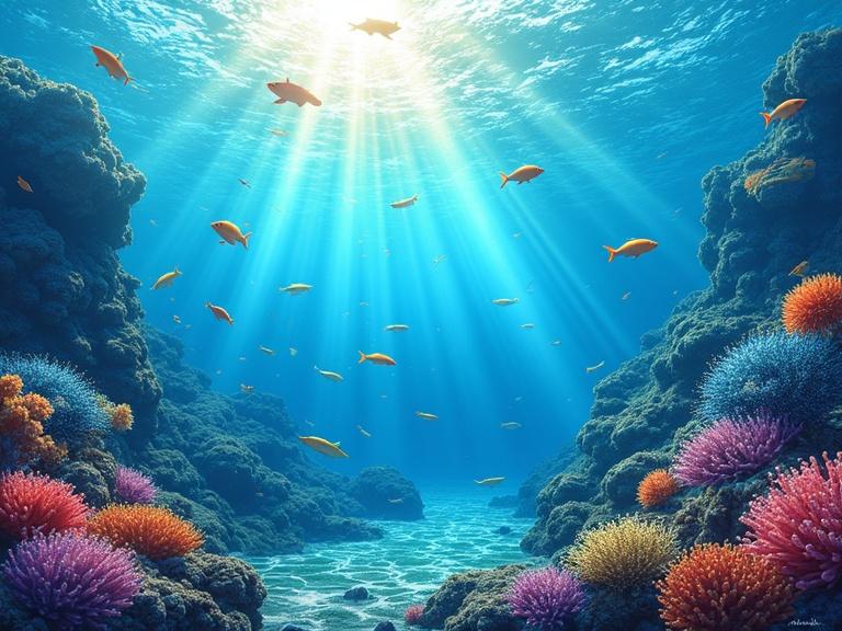 Artful depiction of vibrant summer ocean scene. Schools of fish swirl in intricate patterns against coral reefs. Sunlight pierces surface creating beams and illuminating colors of marine life. Gentle currents add fluid motion. Bright bold hues dominate. Lively underwater paradise.