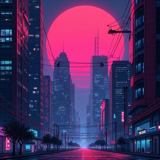 Ultra detailed cityscape featuring a large neon pink sun set against towering skyscrapers. Text includes 'The Digital'.