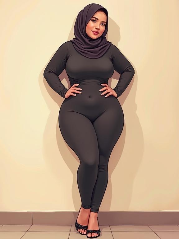 Illustration of a woman in a hijab wearing a tight bodysuit. She has a curvy figure, with wide hips and thick thighs. Her pose is confident, back against the wall, looking at the viewer, standing in a front view.