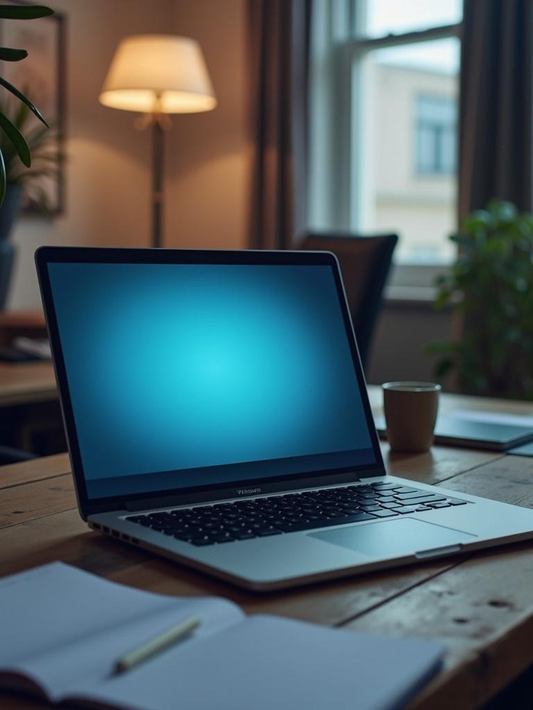 A laptop on an office desk. The screen of the laptop is blue. Surrounding elements include a coffee cup and a notebook with a pen. The setting is cozy and well-lit, showing an inviting workspace.