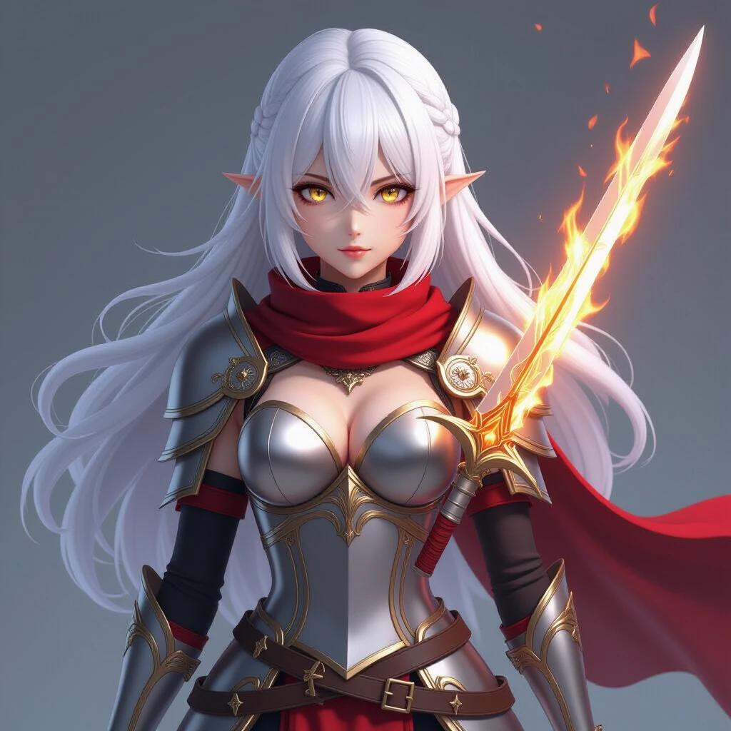 3D female anime character full body. White hair and golden eyes. Character looking at the camera. Silver breastplate. Holding a flaming sword. Long red cloth wrapped around the neck.