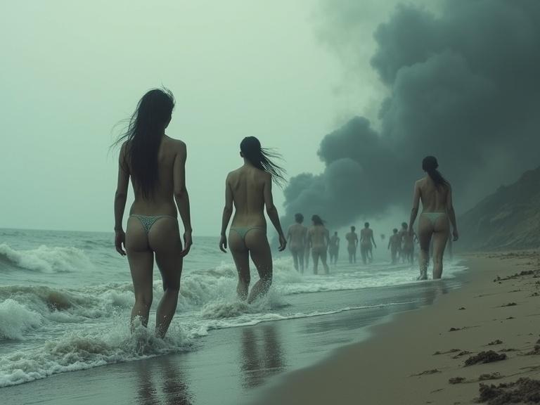 Harrowing view of naked women landing on a beach filled with smoke. The image captures a grim atmosphere and physical struggle. Water is treacherous and obstacles are challenging.