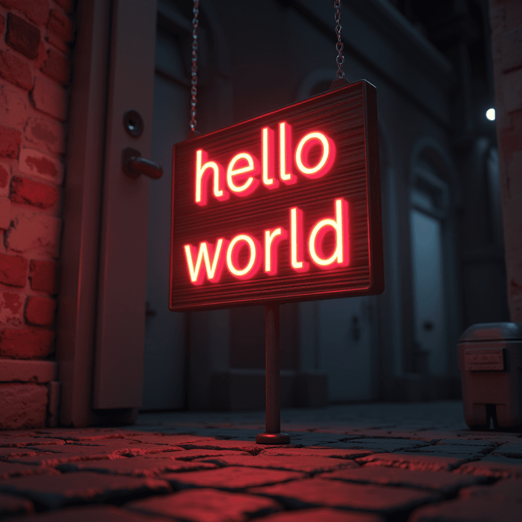 A glowing neon sign displaying 'hello world' hangs in an urban alleyway, casting a red hue on the cobblestones.