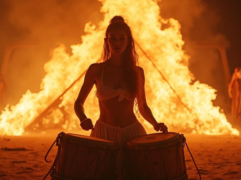 Cinematic photo featuring a woman with tribal drums surrounded by flames and smoke. Dramatic backdrop of a Burning Man stage. Highly detailed and realistic image.