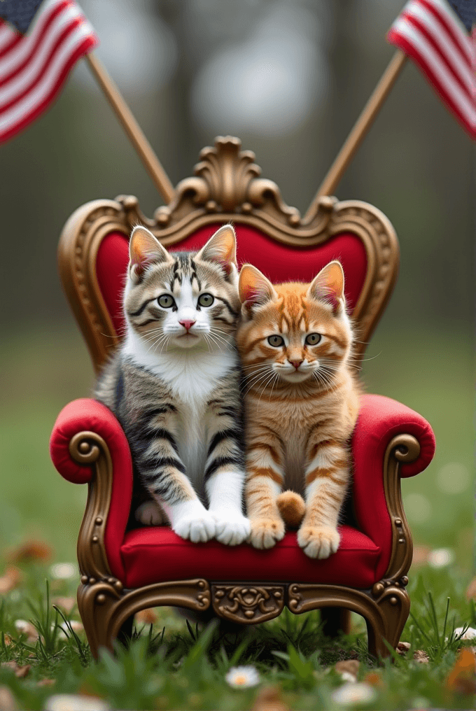 Two kittens sit on a luxurious red chair with flags in the background.