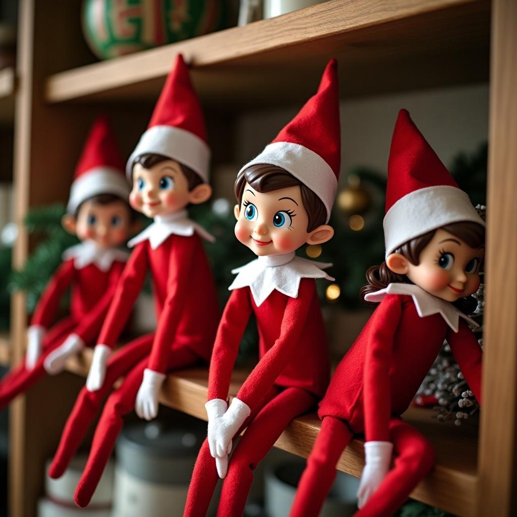 Three elves on a shelf appear silly while hiding. They are caught on camera. The elves are playful and festive.