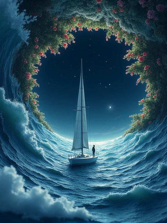 Digital artwork of a sailboat in a circular ocean. Man stands on the deck looking up. Ocean curves into a perfect circle. Dense flowers and trees form the circle. Dark sky with visible stars inside. Dreamy style contrasts turbulent ocean with calm sky.