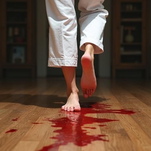 Big bare feet of female karate fighter walking on wooden dojo floor. Feet have bloody stains. Steps leave bloody footprints behind.