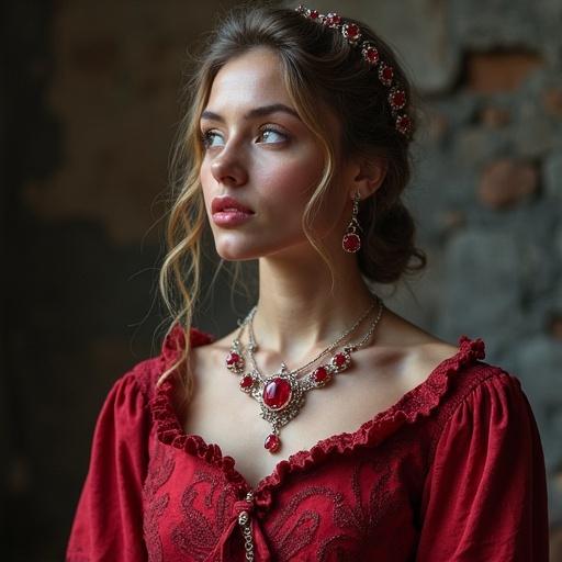 A woman wearing red attire with natural ruby accessories in a setting related to mineral exploration.