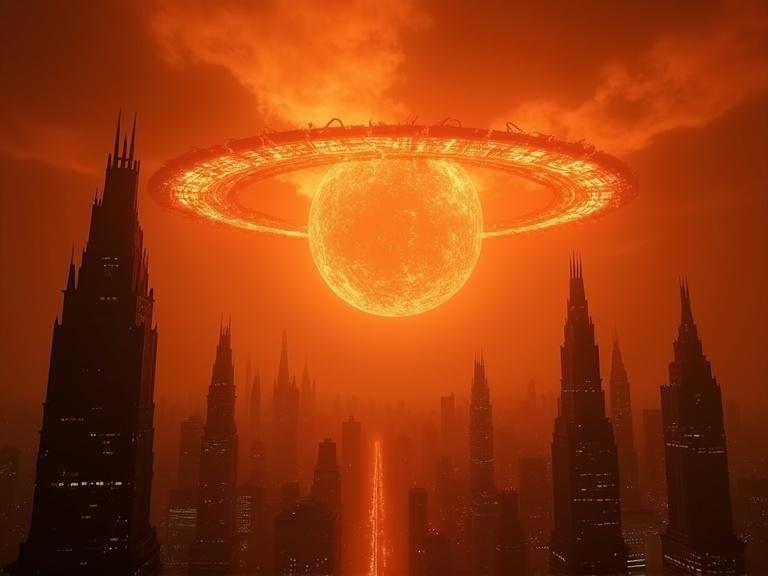 A dark dystopian cityscape exists with an eerie orange-red glow. Skyscrapers pierce the sky with sharp edges. Buildings are densely packed and covered in ember-like lights. A massive circular structure hovers above, resembling a glowing ring. Fire and molten light emit from the structure casting intense hues. The camera tracks the disk as it descends from swirling illuminated clouds, intensifying the apocalyptic atmosphere.
