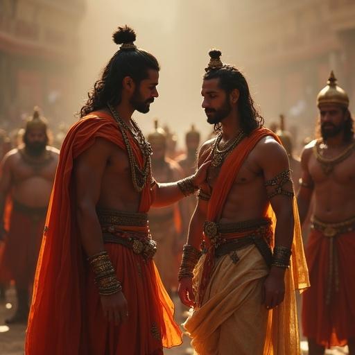 In a royal arena, Duryodhana confidently supports Karna. He announces Karna as the King of Anga. The crowd reacts with shock. Emotions are tense and dramatic.