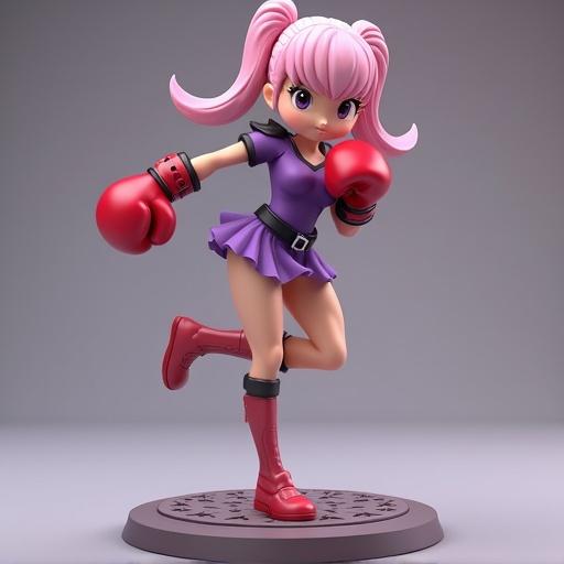 Female resin figure inspired by Hitmonchan. Young woman with a muscular, slender body. Feminine face with confident expression, normal-sized eyes, delicate nose, soft lips. Wears red boxing gloves, tight purple sports shirt, short purple skirt. Black belt and shoulder pads. Attack pose with leg forward, arm extended. Long hair in three pigtails resembles Hitmonchan. Elegant base decorated like a ring with stars or lines. Non-realistic, not aggressive.