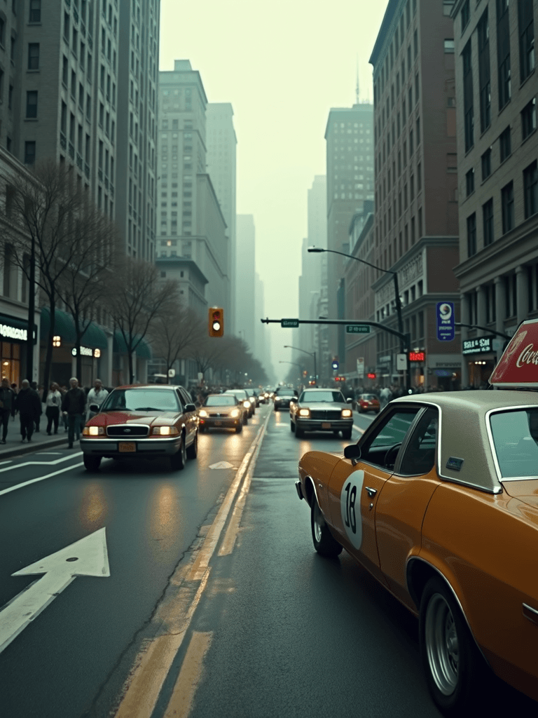 A city street scene with fog-covered skyscrapers, classic cars, and pedestrians under a dull, misty sky.