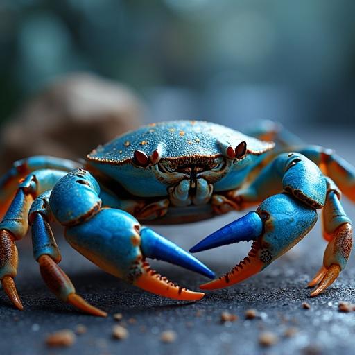 Artwork of beautiful Atlantic crabs in blue hues on a table. A vibrant blue crab sits prominently in the foreground. Background slightly blurred to enhance focus on the crab. Natural setting with subtle textures and colors.