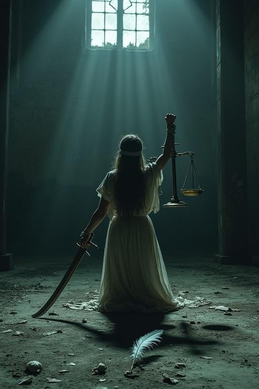 Lady Justice stands in an abandoned courthouse. The atmosphere is dark and haunting. Moonlight casts shadows and light beams. She holds a broken scale and a rusty sword. One side of her blindfold hangs loosely revealing her weary eyes. A single feather drifts down. Emotions of sorrow and loss are evident.