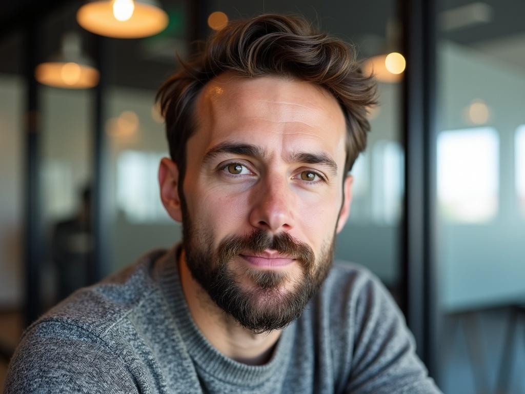 The image features a man with a beard, sitting indoors. He is wearing a textured grey sweater, which suggests a cozy atmosphere. The background is a well-lit room that appears to be an office or a public space. There are overhead lights and a glass door that partially reflects the interior. His face is obscured, keeping his identity anonymous, but his expression seems neutral.