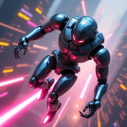 Sleek chrome robot soaring through futuristic cityscape dodging neon signs and laser beams with incredible agility