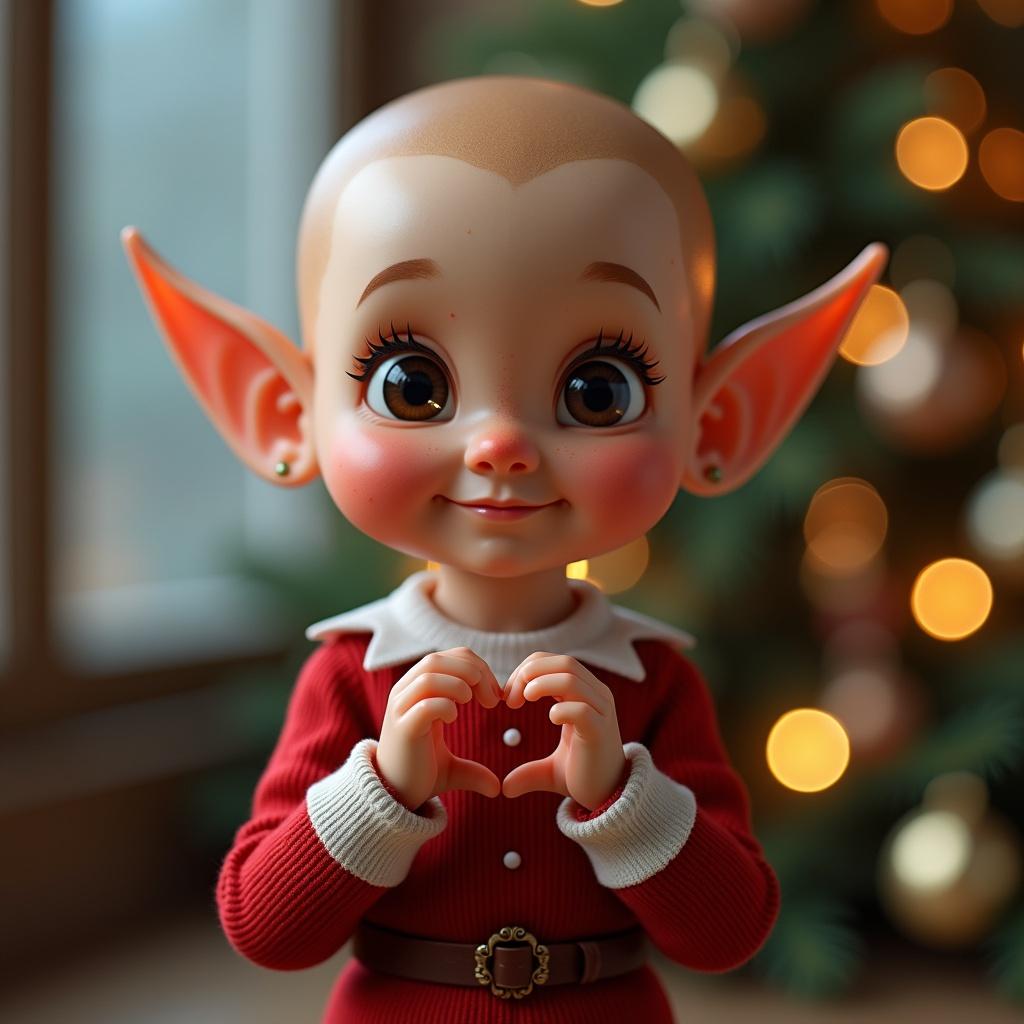 A cute young male elf with pointed ears raises hands to form a heart. The elf appears small with a bald head and light freckles. A Christmas background adds to the festive feel.