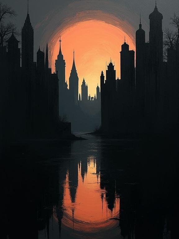 A minimalist art piece inspired by surreal digital oil painting style. Rough brush strokes create dynamic silhouettes. A skyline of a small town mirrored within a shadowy background. Orange sun dominates the scene.