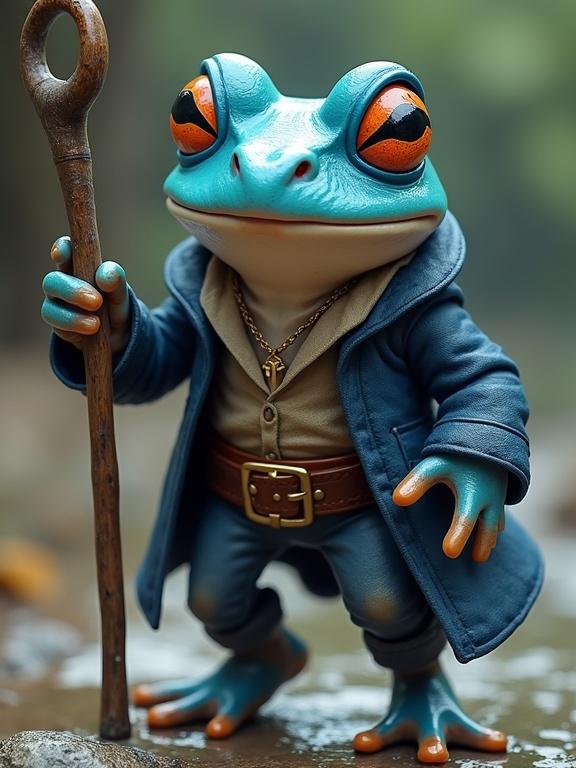 A humanoid blue frog with a white jaw stands in a dynamic pose. Frog wears pirate clothing including a leather jacket. Frog has a smug expression and half-closed eyes. Character holds a staff related to water magic. The setting has a fantasy theme and semi-realistic style.