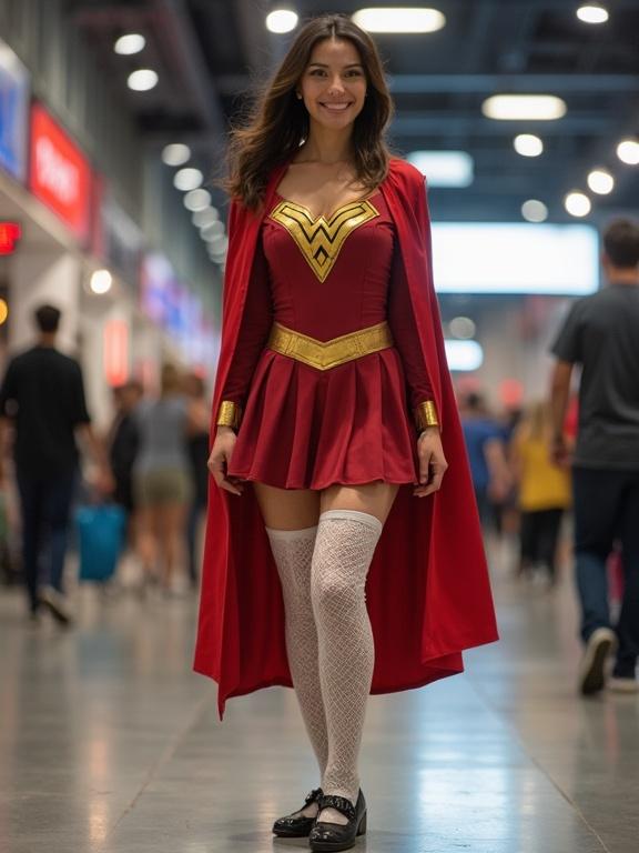 Full body shot of a mother dressed as a superhero at a comic convention. The outfit features a neckline design and curves. The costume includes a mini pleated skirt, white lace thigh-high stockings, and black Mary Jane shoes. The mother is smiling and engaging with the event around her.