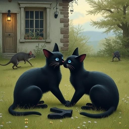 Illustration of black cats with blue eyes fighting over stockings. Two cats are entangled on the lawn. An old house is in the background with a rat watching.