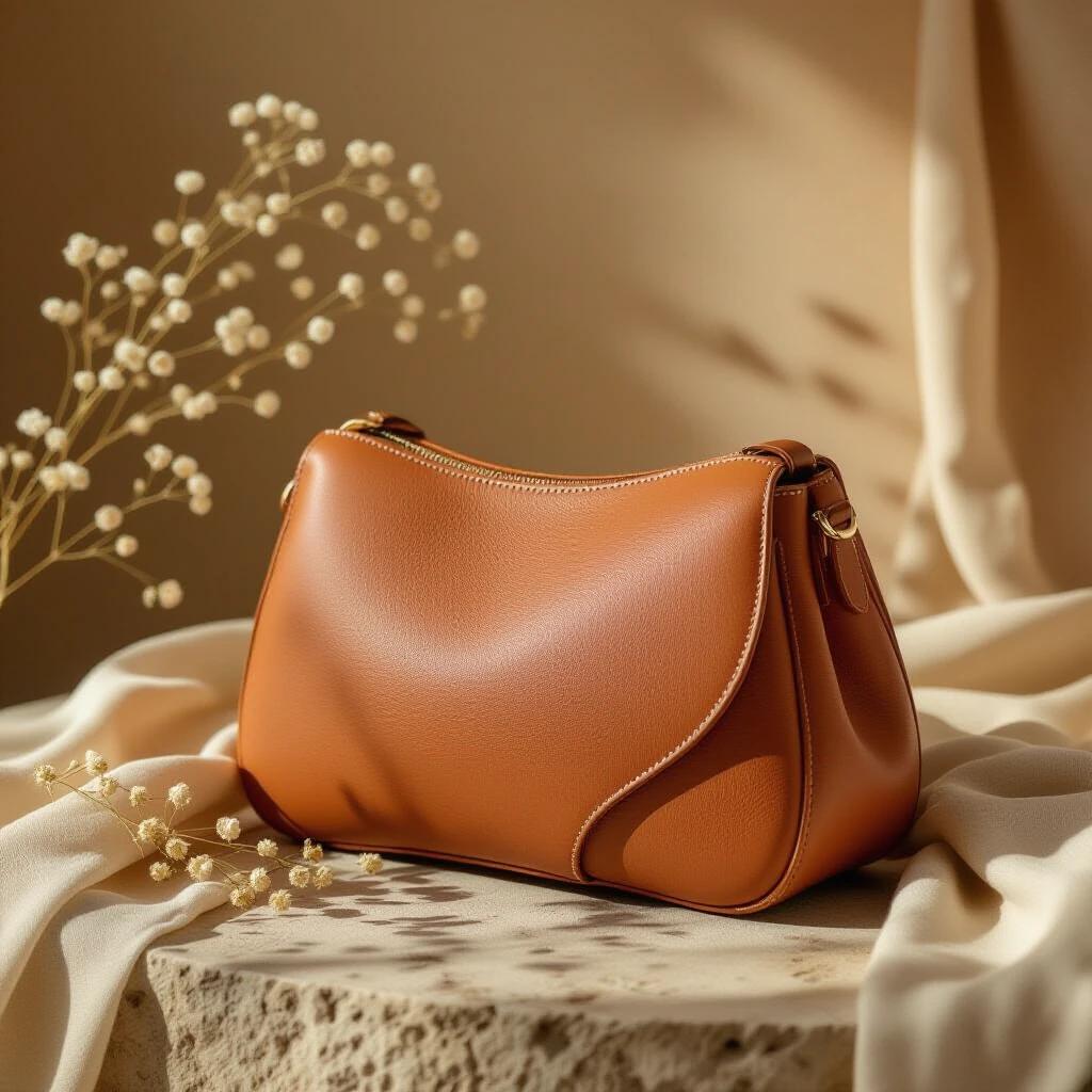 Soft leather handbag featuring biomorphic curves and handmade appearance. Warm natural tones include clay and rosewood. Subtly textured surface with hand-stitched details. Displayed on weathered stone surface. Surrounded by dried flowers and linen fabrics. Lit by golden hour light. Natural and intimate setting evokes warm and sensual feelings.