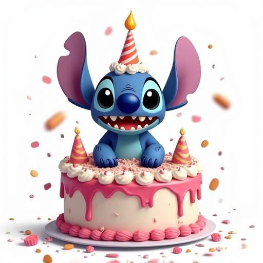Happy Stitch character is atop a birthday cake. Character has a candle on his head. Cake is decorated with pink frosting. Cake pieces are scattered around him. Background is simple and white.