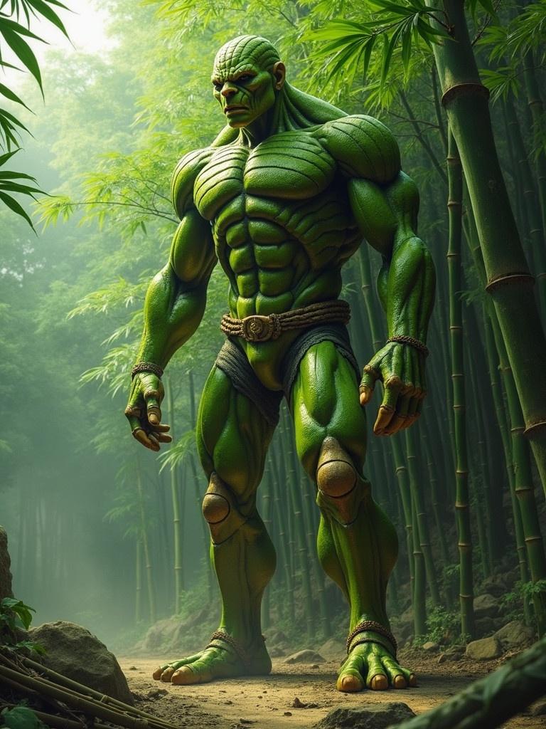 A giant muscular creature made of bamboo stands in a green forest. The titan has exaggerated muscles and is massive in size. The background is filled with tall bamboo stalks and dense greenery. The setting is mystical and enchanting.