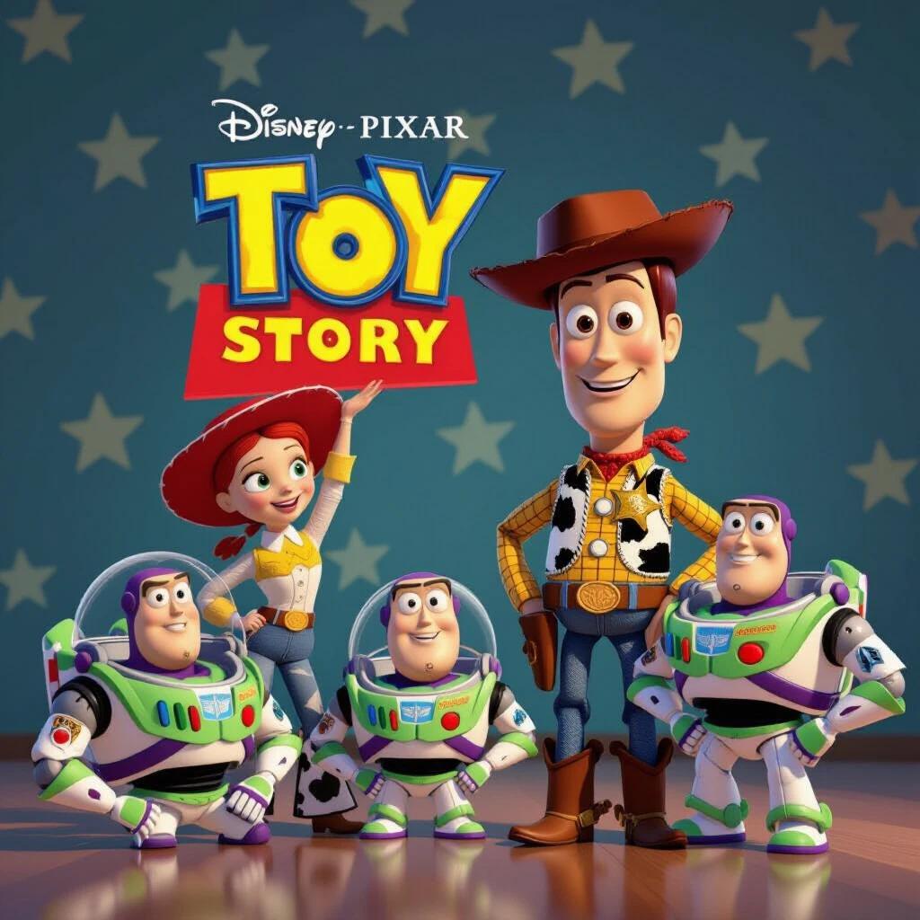 A bright animated scene featuring popular characters from Toy Story. Woody stands confidently wearing his cowboy hat and a plaid shirt. Buzz Lightyear is posed heroically in his space suit. Jessie is next to Woody with her signature cowgirl outfit. A backdrop filled with stars creates a friendly, playful atmosphere.