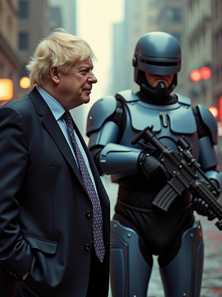 Dramatic urban scene features a well-dressed man in a suit standing next to a fictional robotic law enforcement officer. The scene captures a blend of politics and science fiction in a modern city environment.