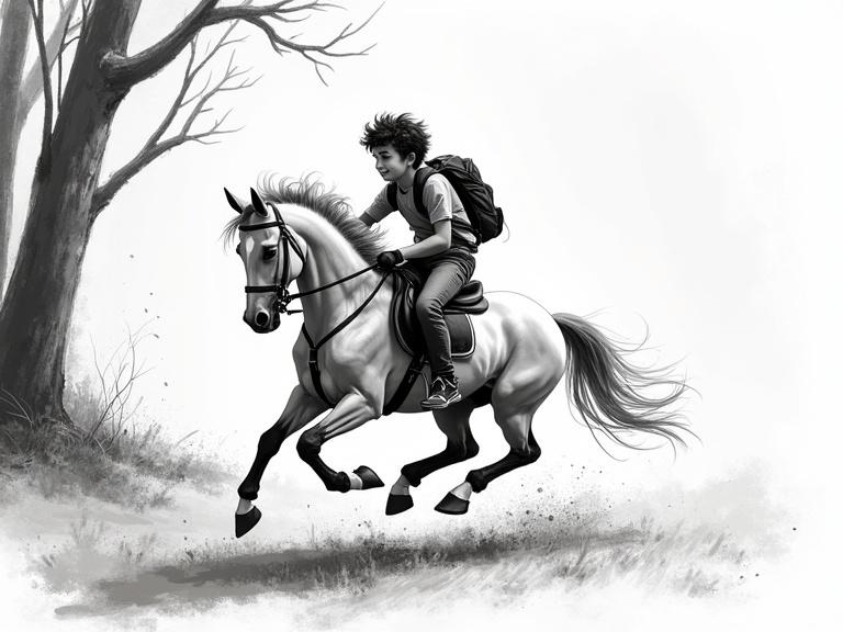 Young rider zooming past trees. Joyful and energetic moment captured in a dynamic storyboard scamp. Charcoal lines with minimal color wash.