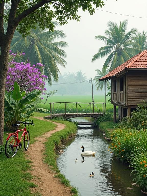 Tranquil rural scene featuring a narrow dirt path and stream bordered by green grass with ducks. Wooden house with red-tiled roof elevated on stilts near the stream. Bright orange flowers and purple bougainvillea add color. Red bicycle leaning against a banana tree. Overcast sky suggests calm morning or late afternoon.