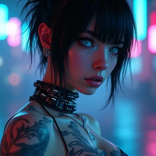 Photorealistic portrait of a gothic woman focusing on the bust area. She has medium round breasts and features neon tattoos. Holographic accessories enhance her look. Hair is dark and messy, highlighting her intense blue eyes and piercings. Skin is smooth and flawless. The lighting is stark and cinematic with side spot lighting, capturing the cyberpunk fantasy style. The image is rendered in ultra-sharp focus at 8K quality, featuring electric volumetric light and detailed ray tracing effects.