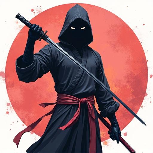 Stylish femboy ninja character holding swords. Detailed digital illustration with a red circular background. Character wears black clothing with a red sash. Emphasizes dynamic pose and vibrant colors.