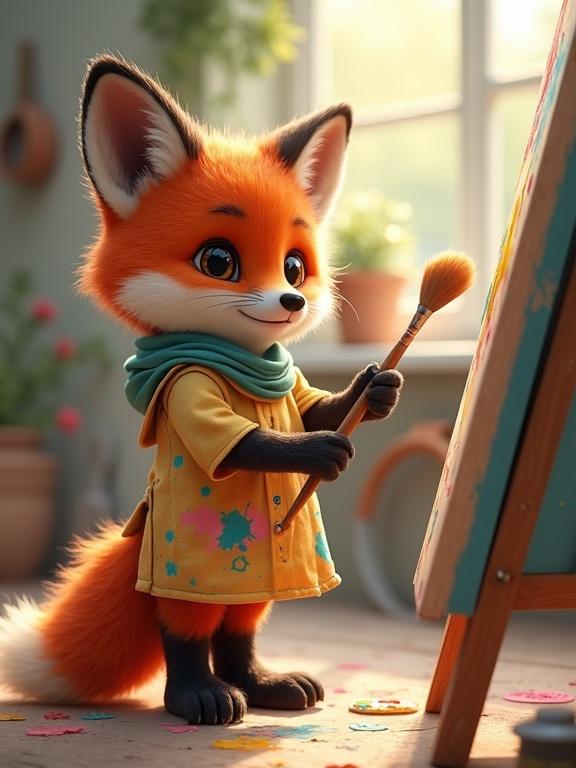 Adorable baby fox wears a splattered art smock. Holds a paintbrush. Stands next to a colorful easel displaying half-finished painting. A sunny studio setting with natural light.