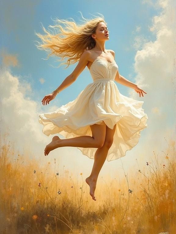 A young woman with flowing blonde hair jumps joyfully in an abstract landscape. She wears a cream-colored dress that flows around her as she leaps. The scenery is idyllic and dreamlike with vibrant colors and texture.
