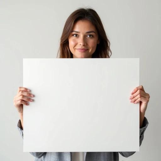 Woman standing while holding a blank white square. The square serves as a product mockup space. The background is neutral. The focus is on the square.