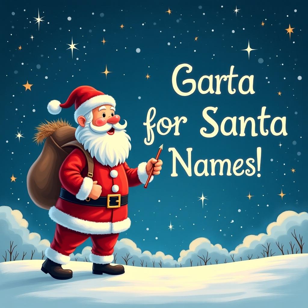 In a magical winter scene, Santa Claus stands on a snowy hill under a starry night sky. He is holding a pencil and looking up as he writes names of children in the sky. Santa, dressed in his traditional red and white suit, has a large sack of gifts on his back. The night is bright with twinkling stars surrounding him. The phrase 'Garta for Santa Names!' is displayed in a whimsical font, adding to the festive atmosphere.