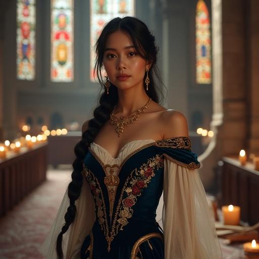 Ultra-realistic portrait of a young Romani-inspired noblewoman in a grand medieval council chamber. She wears a sophisticated midnight blue gown with burgundy and ivory accents. Her gown features golden floral and tribal embroidery. The soft light filters through stained glass, illuminating her composed expression and elegant attire. A heavy oak table with scrolls is in front of her, emphasizing her role as a leader.