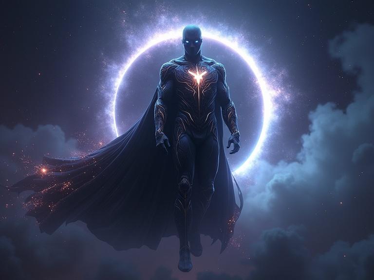 A god-like hero hovers before a total eclipse. The hero is clad in a sleek obsidian suit with iridescent starlight filigree. A glowing chest emblem radiates cosmic energy. A flowing cape resembles a veil of the night sky. Eyes are lit with nebula hues. Cosmic dust swirls around, creating an otherworldly glow.