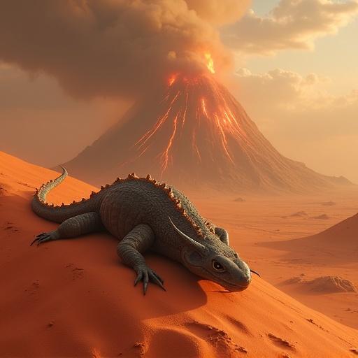 Galactic animal with serpentine features on reddish desert sands. It crawls on a dune, fleeing from an active volcano that spews lava. Scene is set in a desert valley with humanoids.
